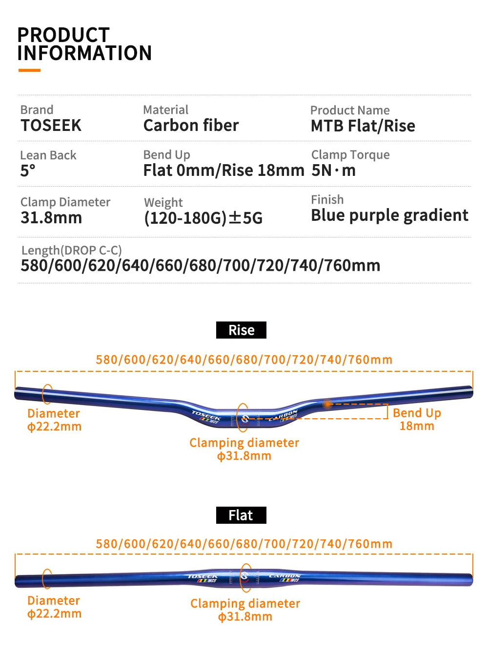 TOSEEK TM13 Fahrradlenker 31,8mm Carbonfaser-Lenker MTB Mountainbike Lenker Breite 580mm-760mm Glänzend Strahlend Blau – Detail 6