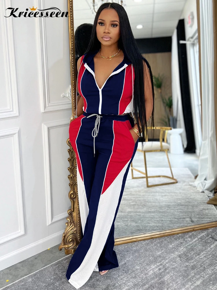 

Kricesseen Women Casual Two Tones Patchwork Crop Top And Jogger Set Summer Striped Tracksuits Set Workout Overalls Sportywear