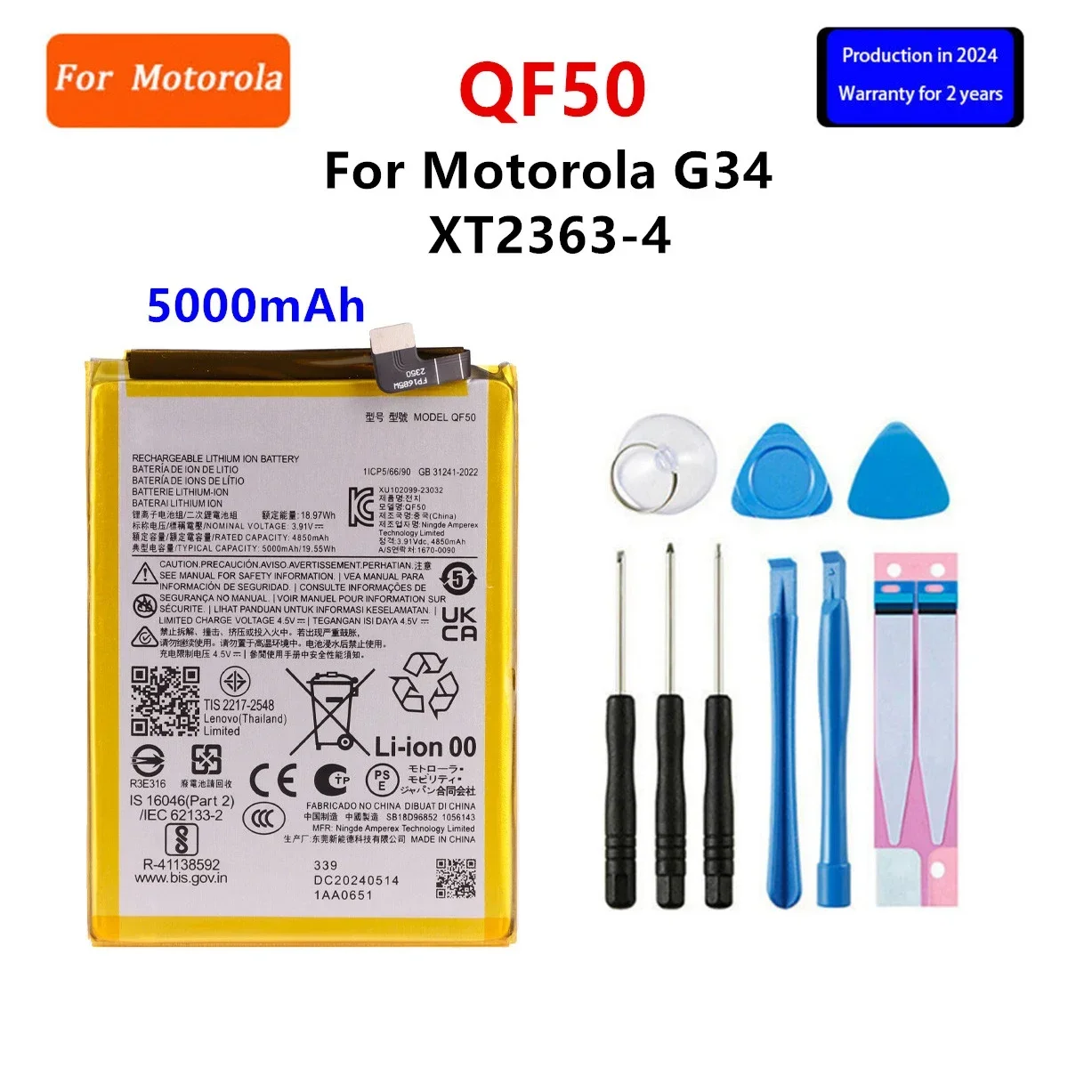 

Brand New QF50 5000mAh Battery For Motorola moto G34 XT2363-4 Mobile phone Batteries+Tools