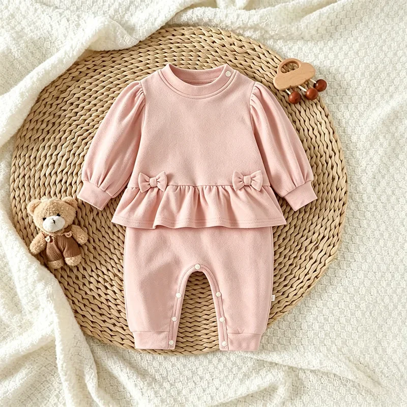 0-24M Newborn Kid Baby Girl Winter Autumn Clothes Long Sleeve Thick Romper Bow Warm Jumpsuit Casual Plain Outfit