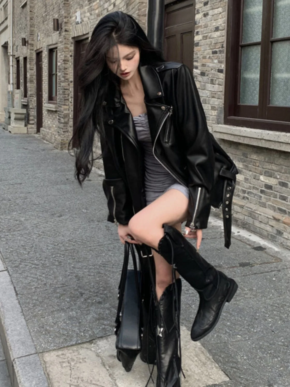 

Large Size 300 Pou Bla Biker Jaet PU Leather Coat Men's High-End Street Sle Bomber irt Top Fall Season Long Sve