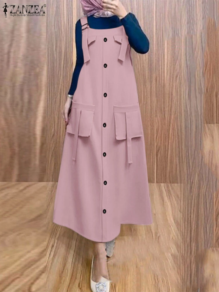 Sommer-Overall-Kleid 2025, ZANZEA Damen, elegant, solides Träger-Maxi-Sommerkleid, lässiger Kaftan, modisches muslimisches Abaya-Kleid, IsIamic-Robe