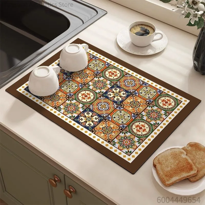 1. Vintage Moroccan Tile Print Super Absorbent Drying Mat Waterproof Kitchen Counter Coffee Maker Drain Pad Decor Placemat