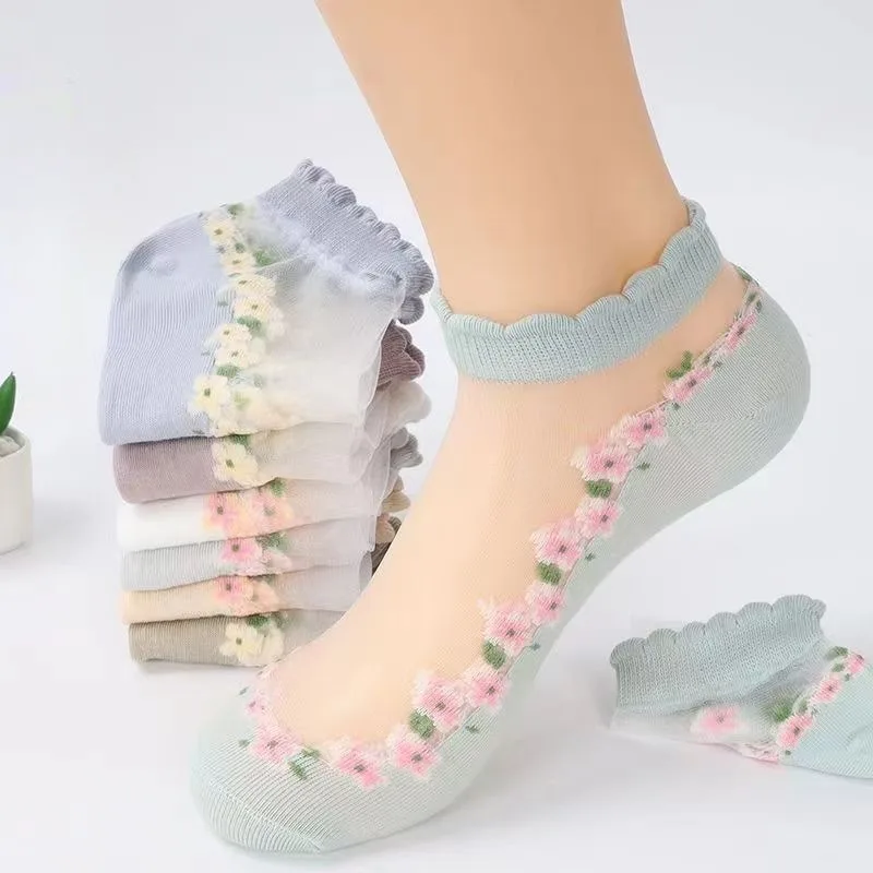 7 pares respirável curto coquette meias japonês bonito ins curto floral vidro seda feminino fishnet meias primavera verão meias finas
