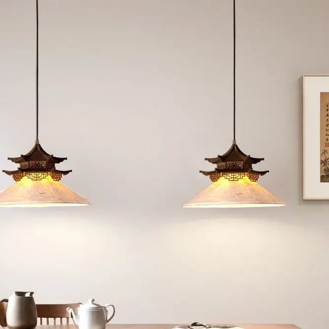 Song Dynasty Zen Vintage Pavilion House Ceramic Fabric Pendant Light LED Teahouse Dining Room Bedroom