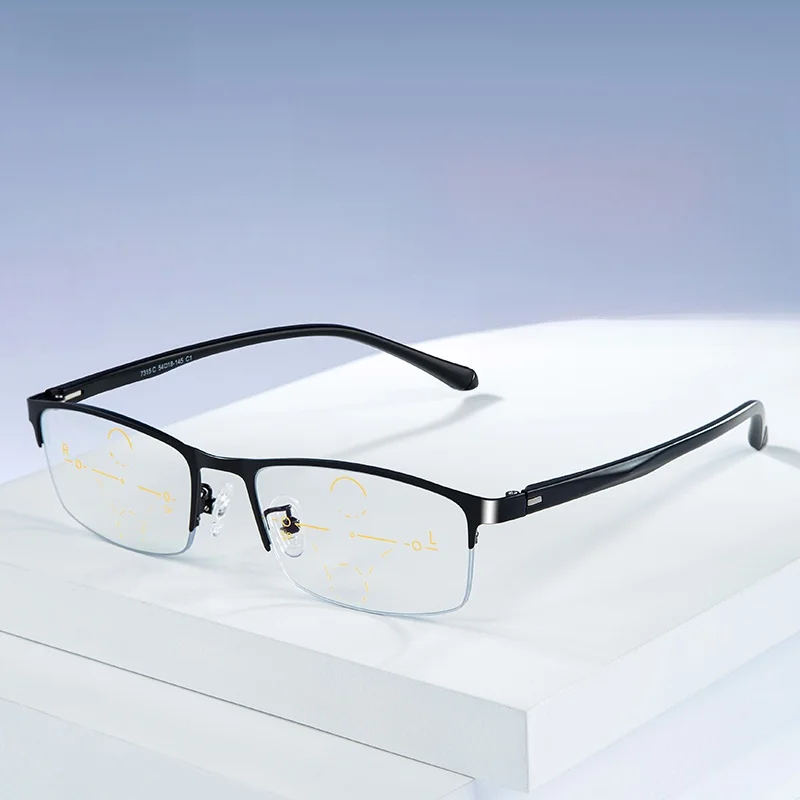 プログレッシブ多焦点スマートズーム運転用メガネ、ブルーライトカット樹脂レンズ、フルフレームメタル、スクエアスタイル、近遠両用
