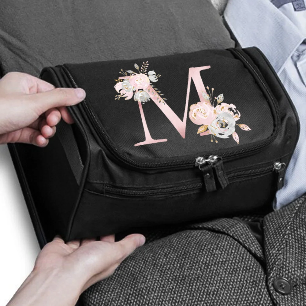 Portable Cosmetic Storage Bag Toiletries Makeup Organizer Travel Hanging Zipper Pink-flower Pattern Handbag Wash Pouch Case