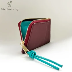 Fashionable Women Real Leather Slim Card Holder Color Block Zip Pocket Cards Coins Cash Portable Daily Coin Purse Small Wallet