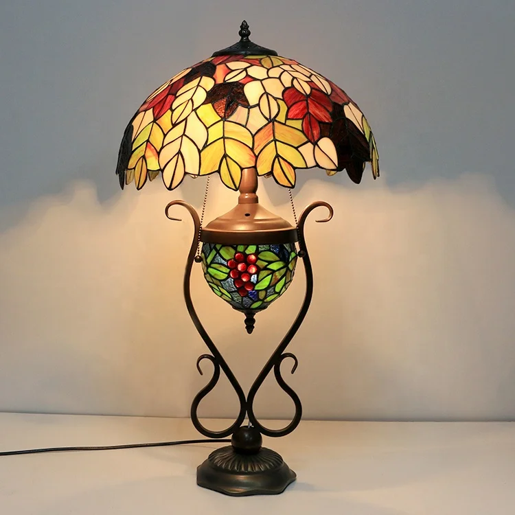 European 16-Inch  Style Stained Glass Dome Table Lamp with Leaf Motif AC Powered LED Colored Glass Base