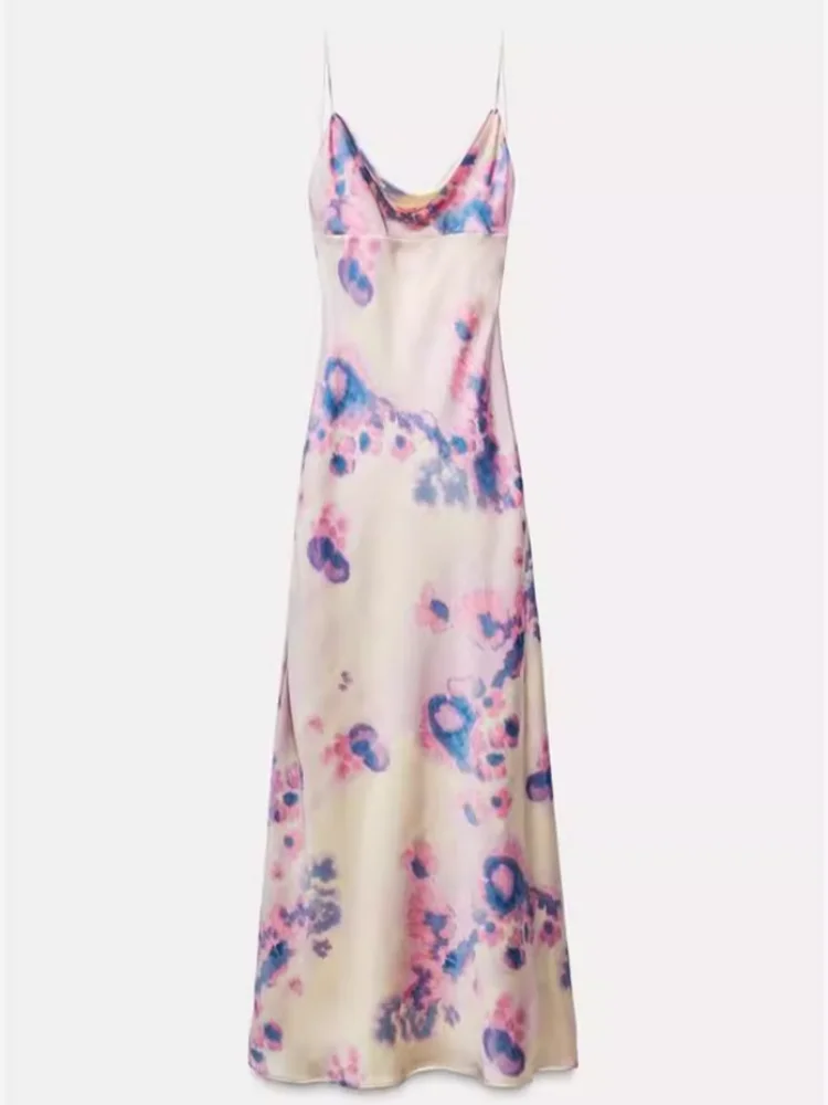 エレ バル シルクサテン プリント ストラップ ロング ドレス 新作 夏 レディース ファッション ハイウエスト Vネック スリム ガウン 韓国風