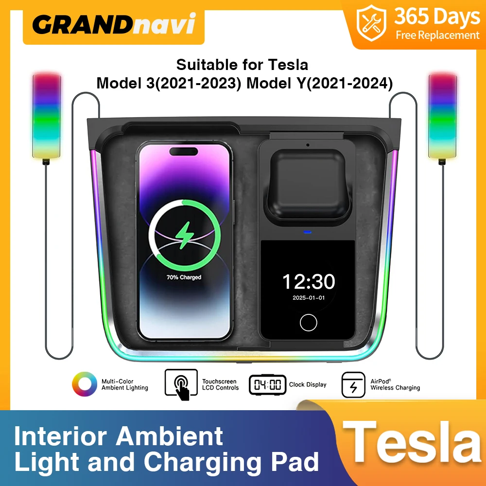 

Wireless Charger Accessories Dynamic Ambient Light For Tesla Model 3 2021-2023 Model Y 2021-2024 Air Pods Phone Car Console