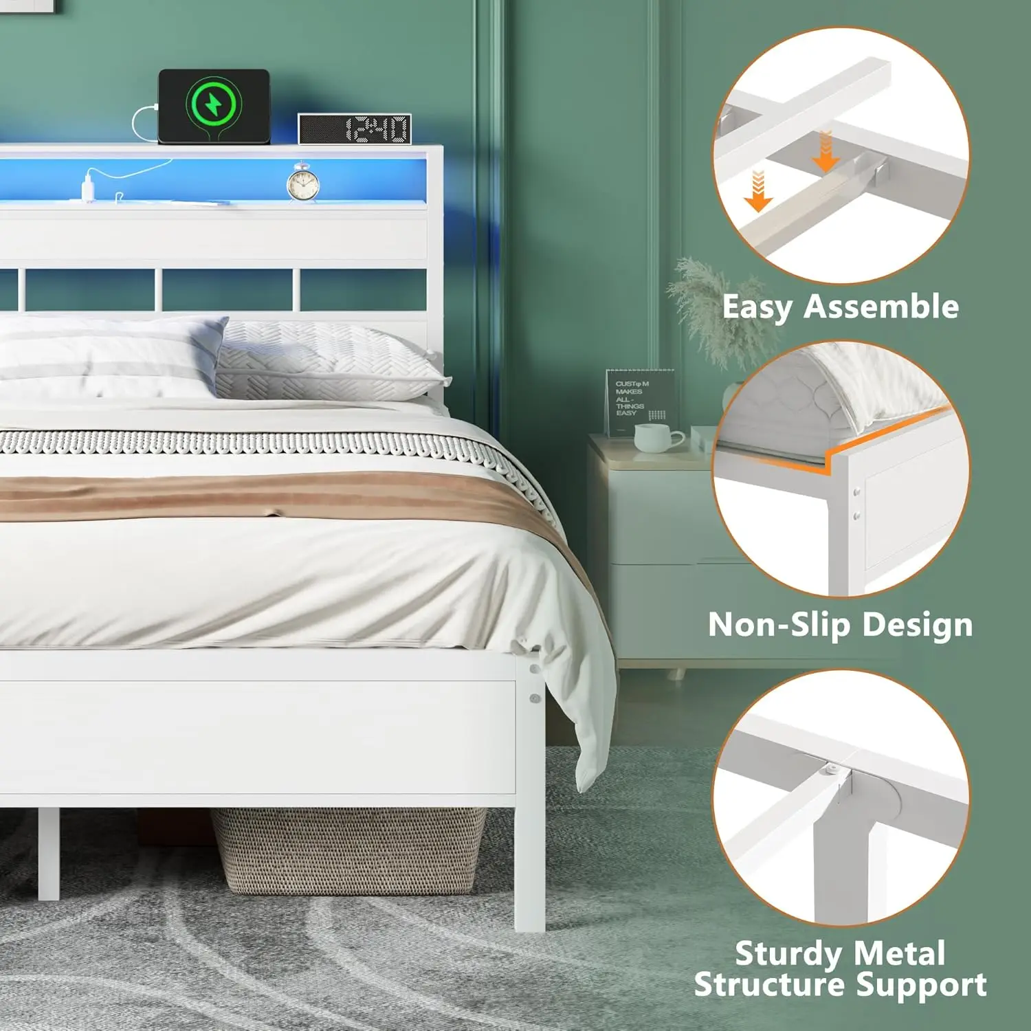 Customized Metal Bed Frame with Storage Headboard and LED Lights, Charging Station and USB Port, Queen, Customized