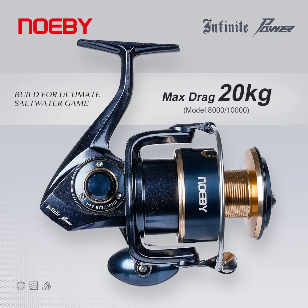 NOEBY Infinite Power Saltwater Spinning Fishing Reel 5000H-10000H Full Metal Aluminum Body 20kg Max Drag Offshore Jigging Reel