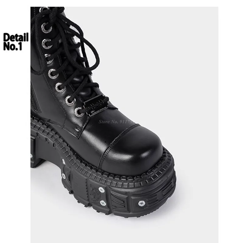 Botas Punk Curtas de Solado Grosso para Mulheres, Ankle Boots de Couro Preto, Chunky Heel, Sapatos de Motocicleta, Rebites de Metal, Tamanho Grande 45