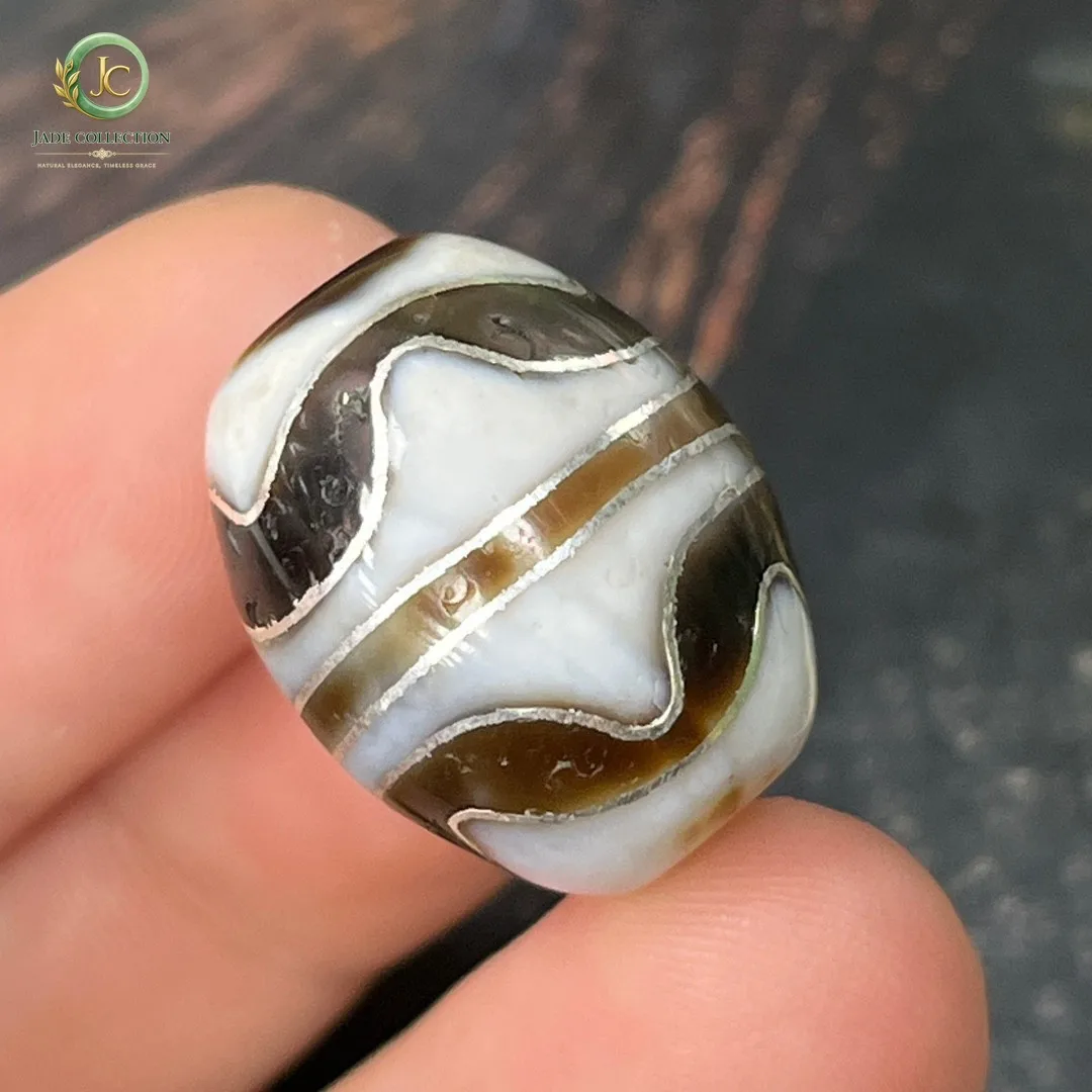 Tibetan Buddhism Agate Inlaid Silver Wire Tiger TeethTotem Dzi Bead Pendant m993