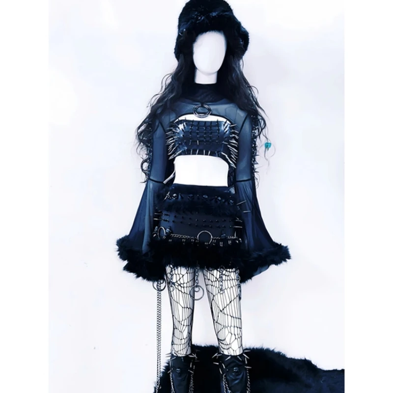 오리지널 디자인 블랙 플레어 슬리브 여성 탑 펑크 다크 록 리벳 핫 걸 헤어리 엣지 숏 스커트 퍼포먼스 세트 여성용