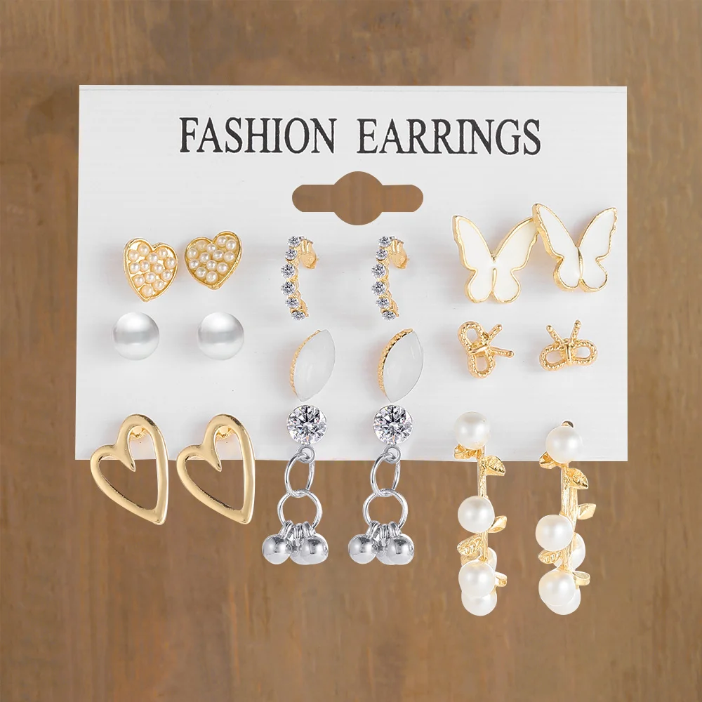 Vintage Gold Color Heart Butterfly Earrings Set for Women Girls Trendy Pearl Geometric Crystal Ear Stud Earring Simple Jewelry