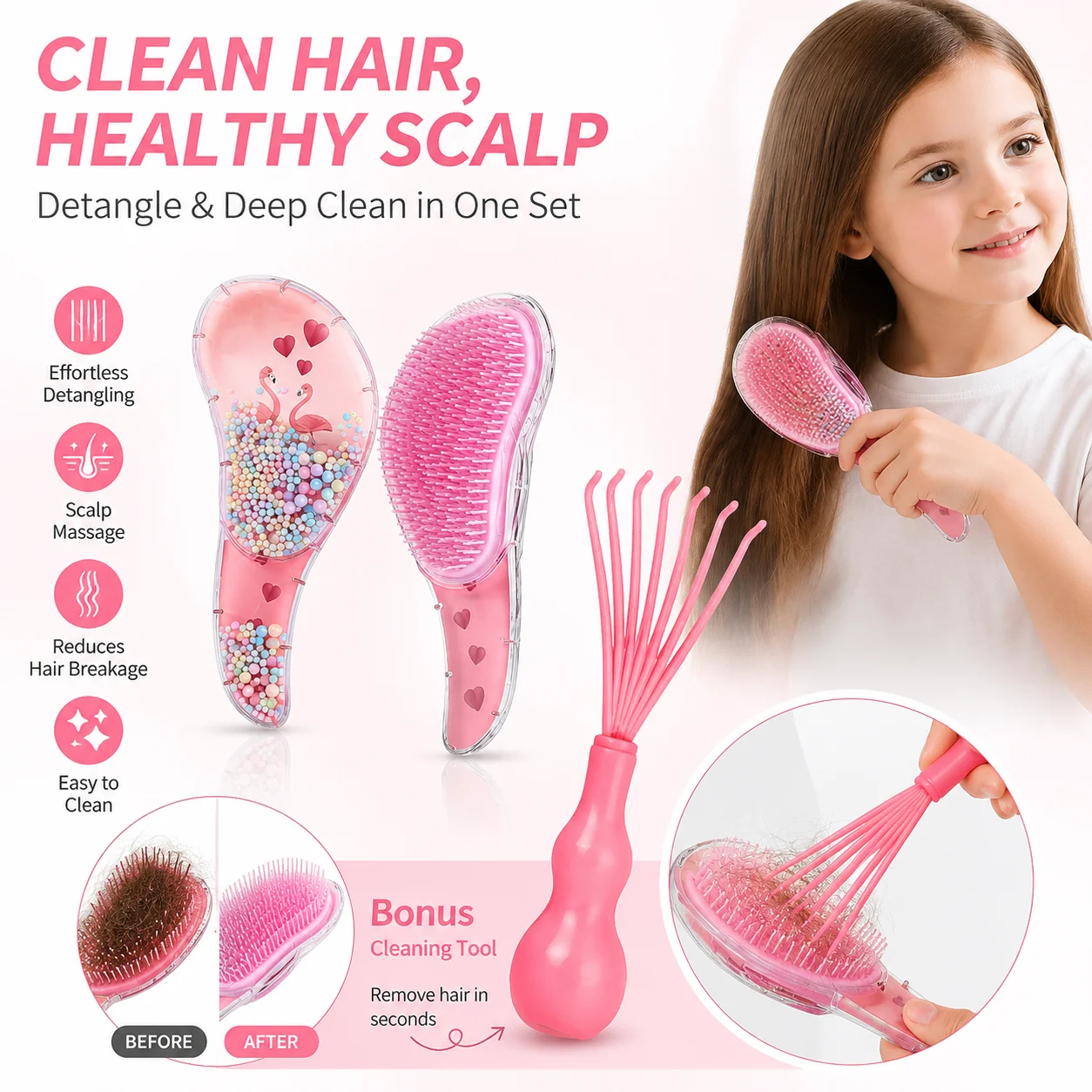 Comb set with brush and cleaner, soft bristles are suitable for all hair types, efficient cleaning and rake comb