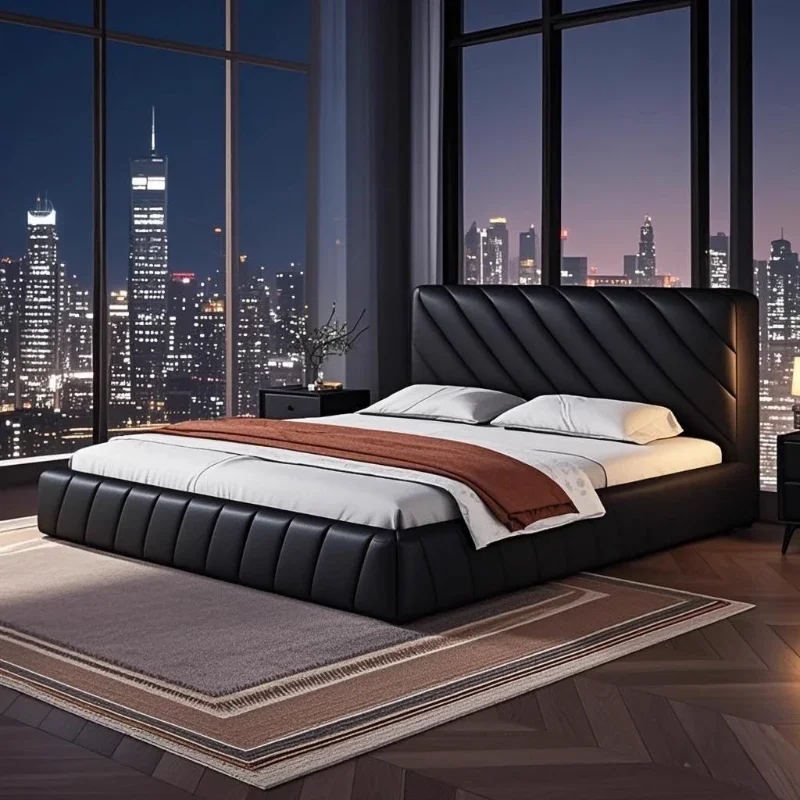 

Wood Frame Double Bed Artificial Leather Design Headboards King Size Double Bed Black Modern Lit 2 Personnes Bedroom Furniture