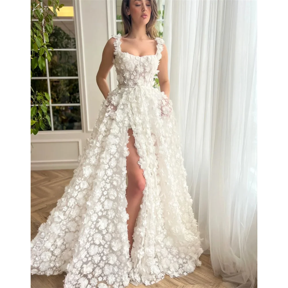 

Kyoto Beige 3D Flowers Lace-up Back Wedding Dress A-line Floor-length vestidos de novia Customized Side Slit Evening Dresses