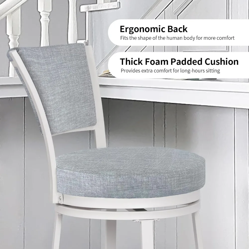 เก้าอี้บาร์ชุด 2 ตัว เก้าอี้บาร์สูงเคาน์เตอร์โลหะ 25 นิ้ว ผ้าลินินทันสมัย ​​360 °   เก้าอี้บาร์หมุนได้พร้อมพนักพิง เคาน์เตอร์