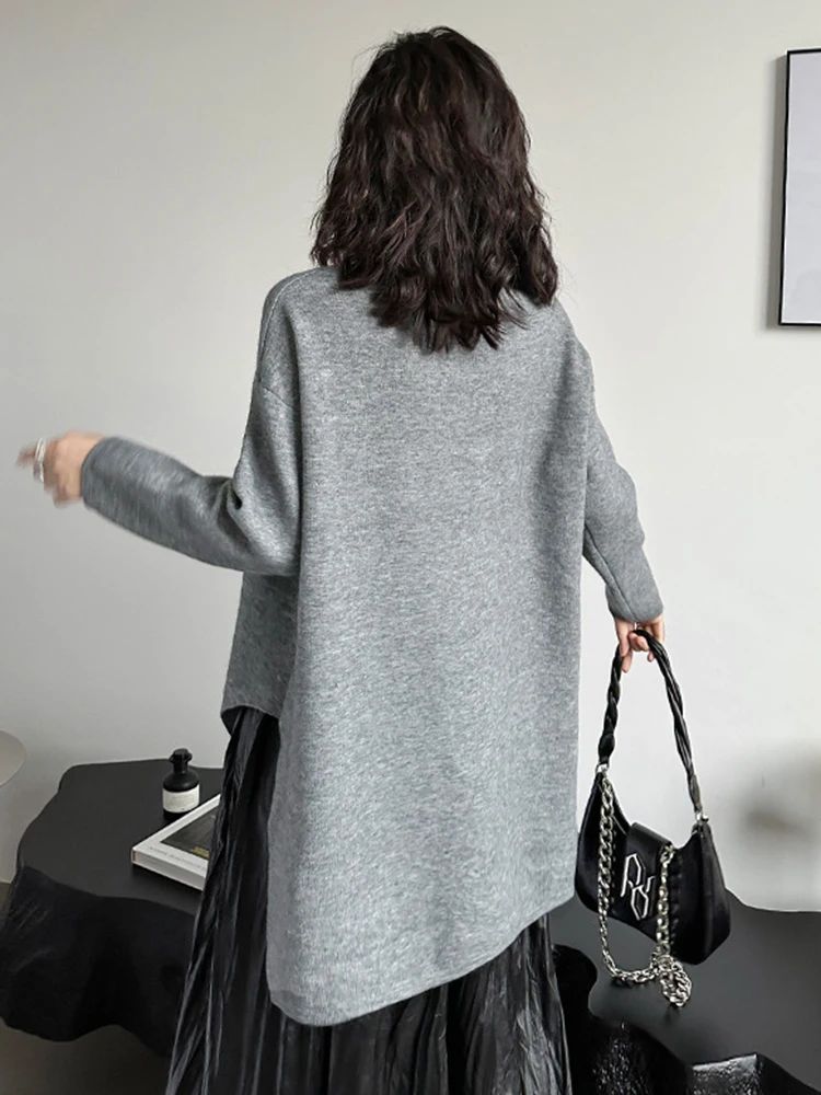 [EAM] Gray Zipper Big Size Knitting Sweater Round Neck Long Sleeve Women Pullovers New Fashion Tide Spring Autumn 2024 1DH7162