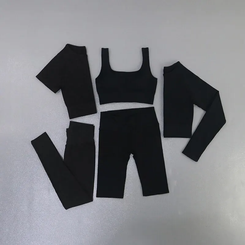 

Бесшовные ребристые наборы для йоги Тренировки для женщин 5 шт. Тренажерный зал Костюмы Укороченный Танк Шорты с высокой талией Наряды Фитнес Бег