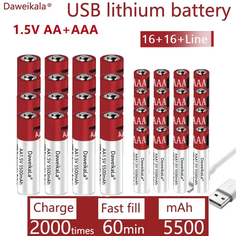 

New 1.5V AA + AAA USB fast charging Rechargeable Battery Large Capacity 5500mah Li-Ion Battery For Toy Remote Control Mouse LED
