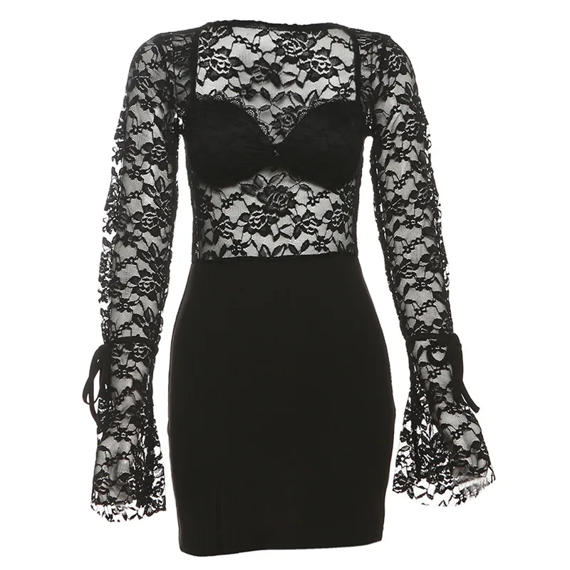 Abito trasparente a maniche lunghe con collo quadrato alla moda a vita alta da donna autunno inverno europeo e americano