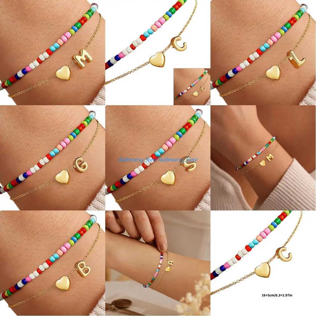 

573B Fashion Beaded Letter Bracelet For Women Girls Layering Heart Beads Jewelry Gift