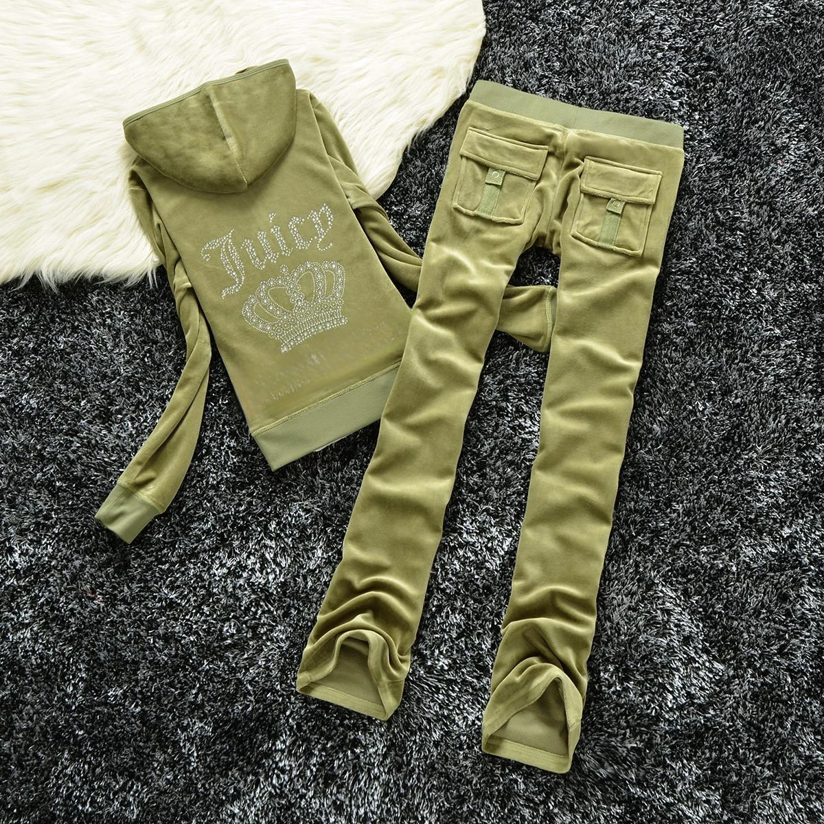 JUICY COMETURE Velvet Tracksuit Women Suit 2025 New Winter Warm Suit Women\'s Hooded Sweatshirt + Casual Velvet Pants 2pc