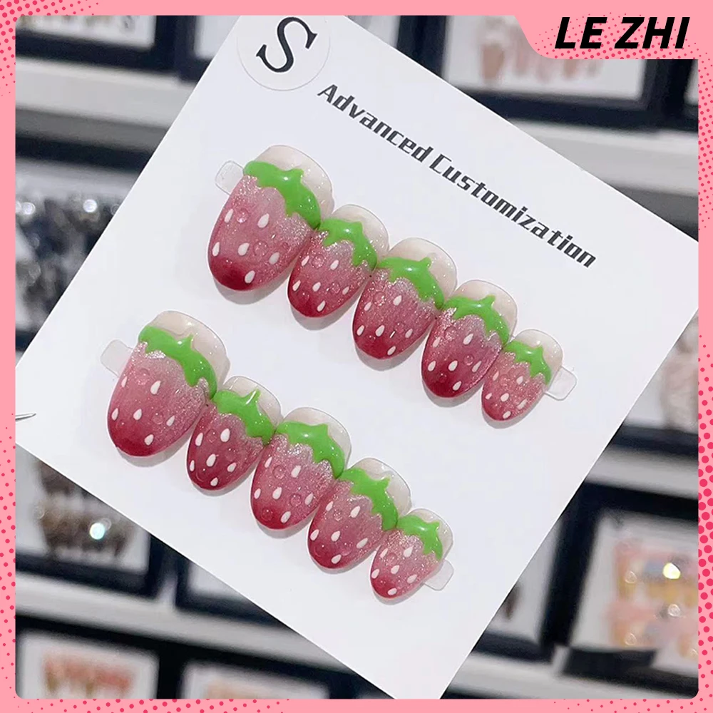 

Kawaii Originality Strawberry Shape Short Almond Fake Nails Fine Flash Design Handmade Party Gift Artifical Full Cover Nails Art