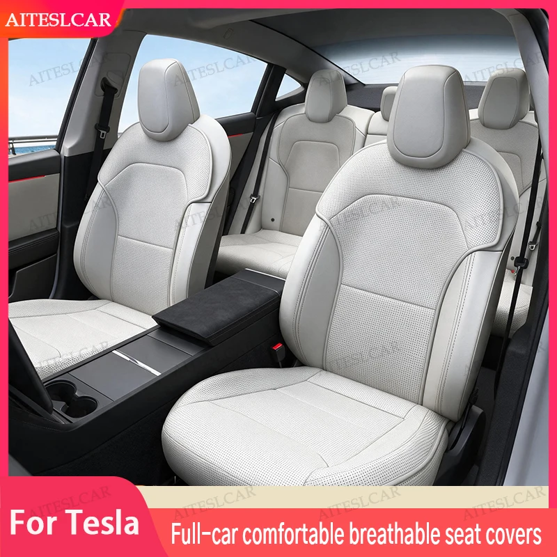 For Tesla Model Y Juniper Y Standard, Four Seasons Universal PU Ventilated Seat Cushions Split Single Seats & Rear Back Row Set