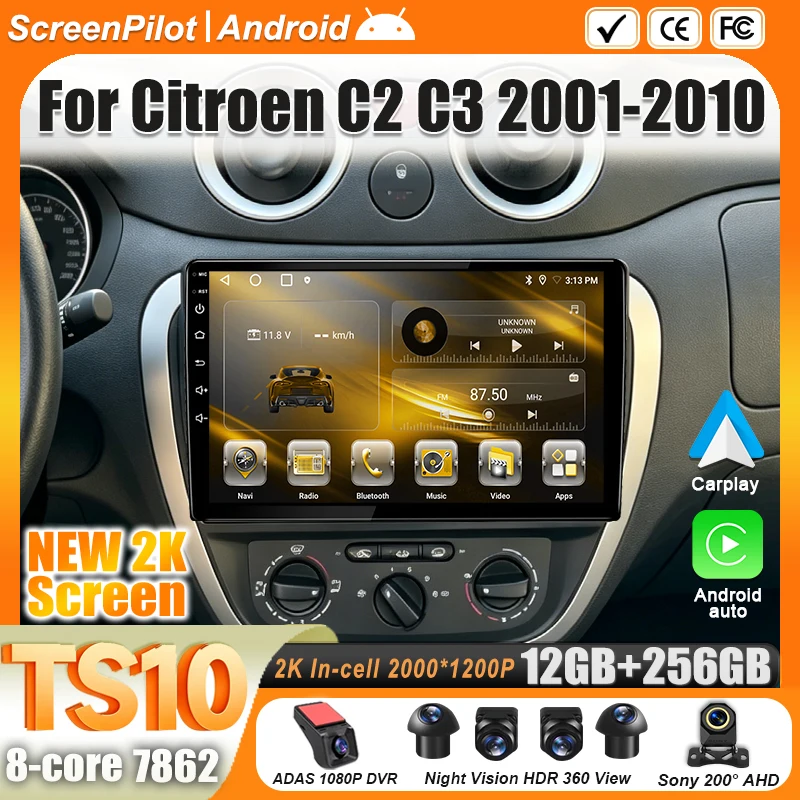 Android 16 For Citroen C2 C3 2001 2002 2003 2004-2010 Car Radio 2 din Multimedia Video Player Carplay Bluetooth 7/9/10 Inch