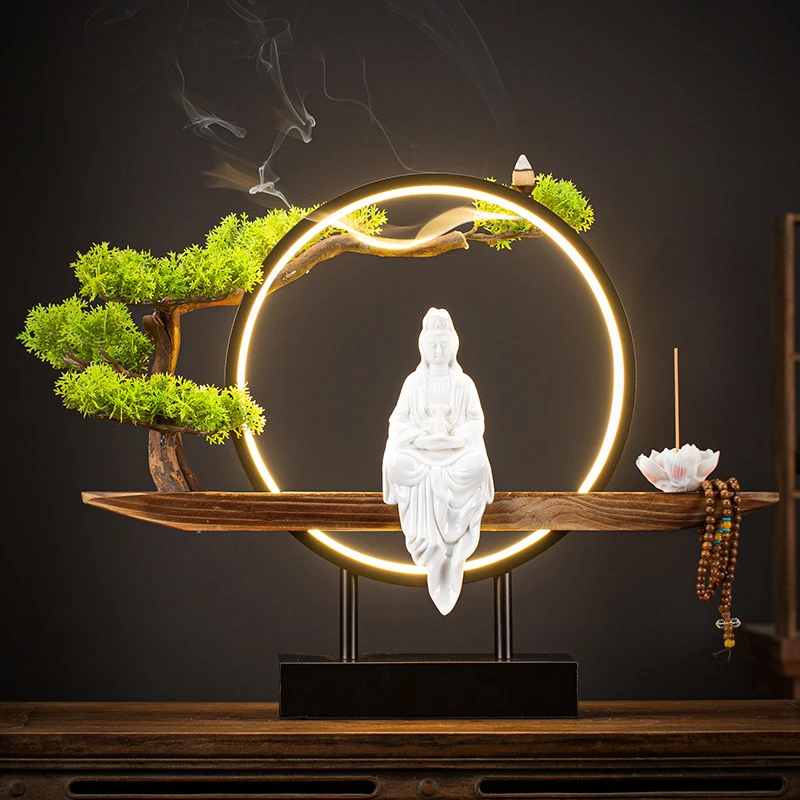 Zen-Inspired Guanyin Bodhisattva Buddha Statue Ceramic Ornament With Reverse-Flow Incense Burner For Foyer, Living Room, And Hom