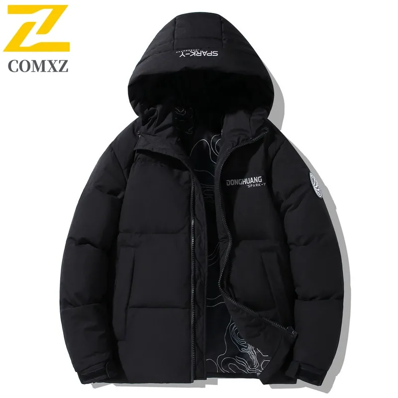 COMXZ 2025 Mens Winter Shiny Thick Puffer Jacket American style waterproof windproof Detachable Hood lightweight windbreaker