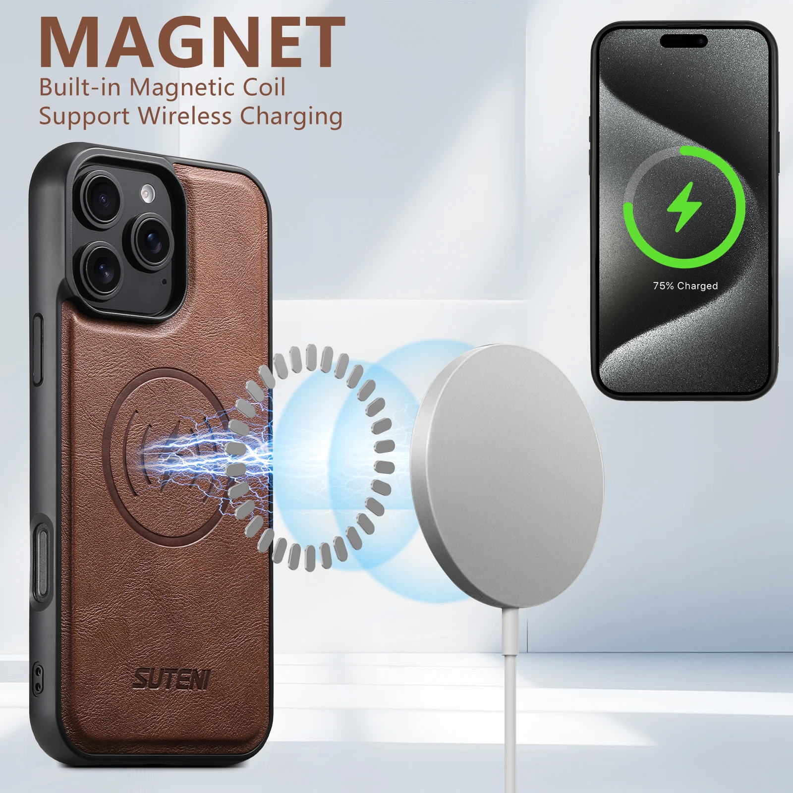 SUTENI Mattierte Kunstleder-Handyhülle mit Magnet und kabelloser Ladefunktion für iPhone 18 Pro Max 17 Air 16 Plus 15 14 Pro 13 12 – Detail 5