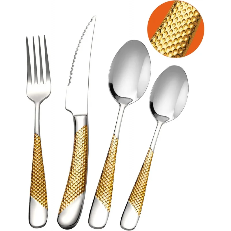 Modern Cutlery Set 24 Pieces, Gold Silver Hammered 2-in-1 Ultra-Sharp Serrated Knives, 18/10 Stainless Steel Service Set for 6 P