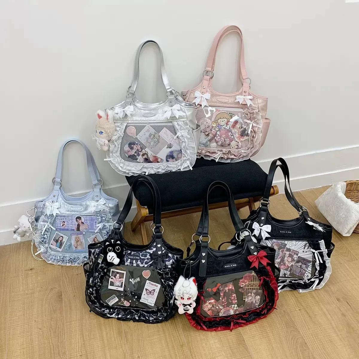 Luxury Design Ruffled Lolita Women Handbags Punk Gothic Bow Underarm Bag Transparent Sweet Lace Shoulder Ita Bags Y2k Aesthetic