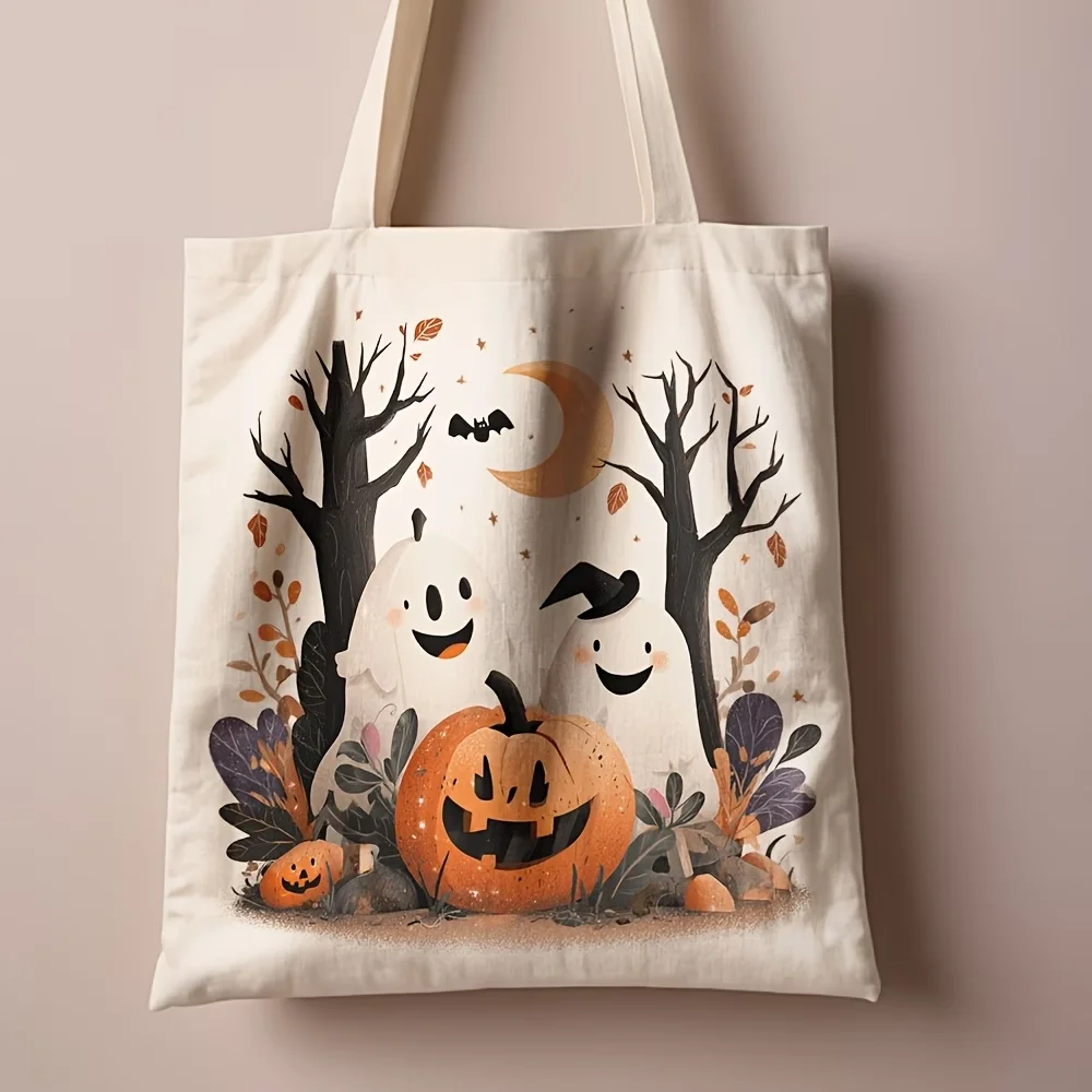 Double-Sided Cute Ghost Halloween Tote Bag, Moon Pumpkin Forest Print Reusable Shoulder Bag for Daily Walk