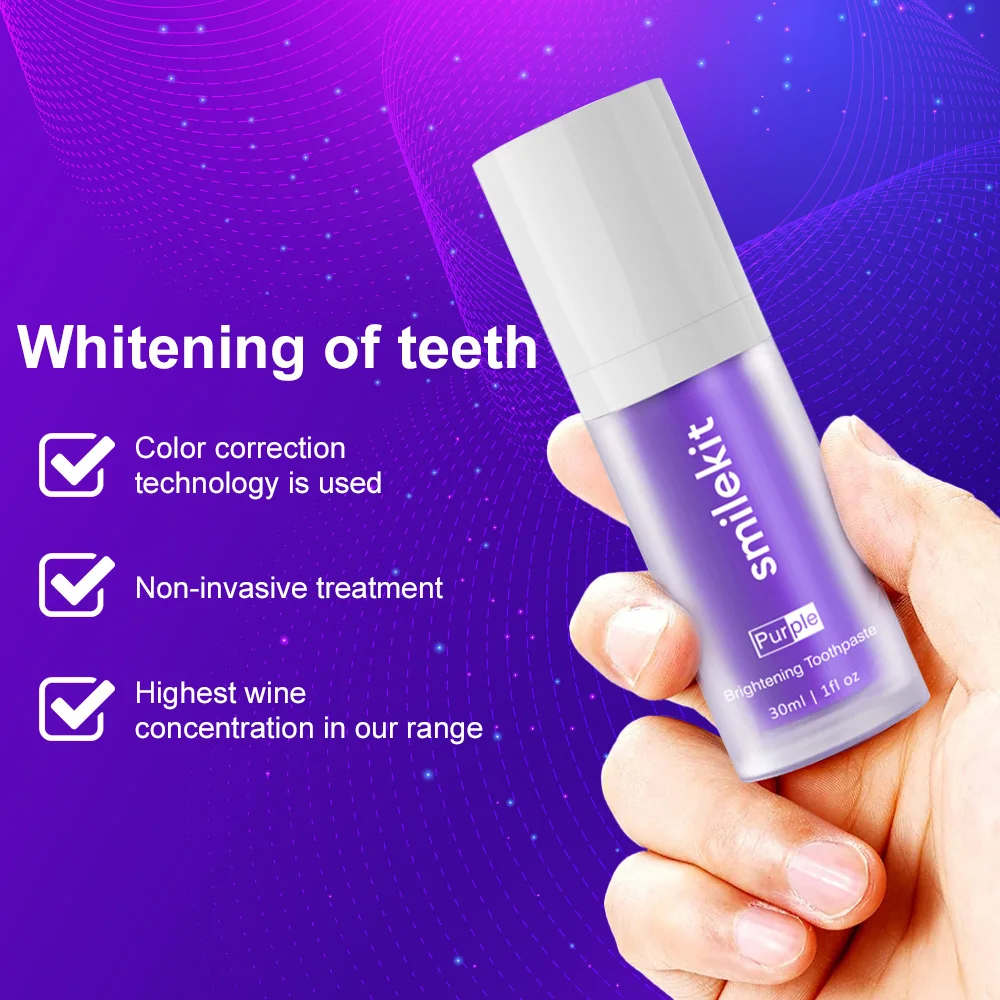 Dentes Whitening Creme dental, Limpeza da Cavidade Oral, Purple Tooth Cleaning Mousse, Reduzir amarelecimento, Refrescante Oral, 30ml