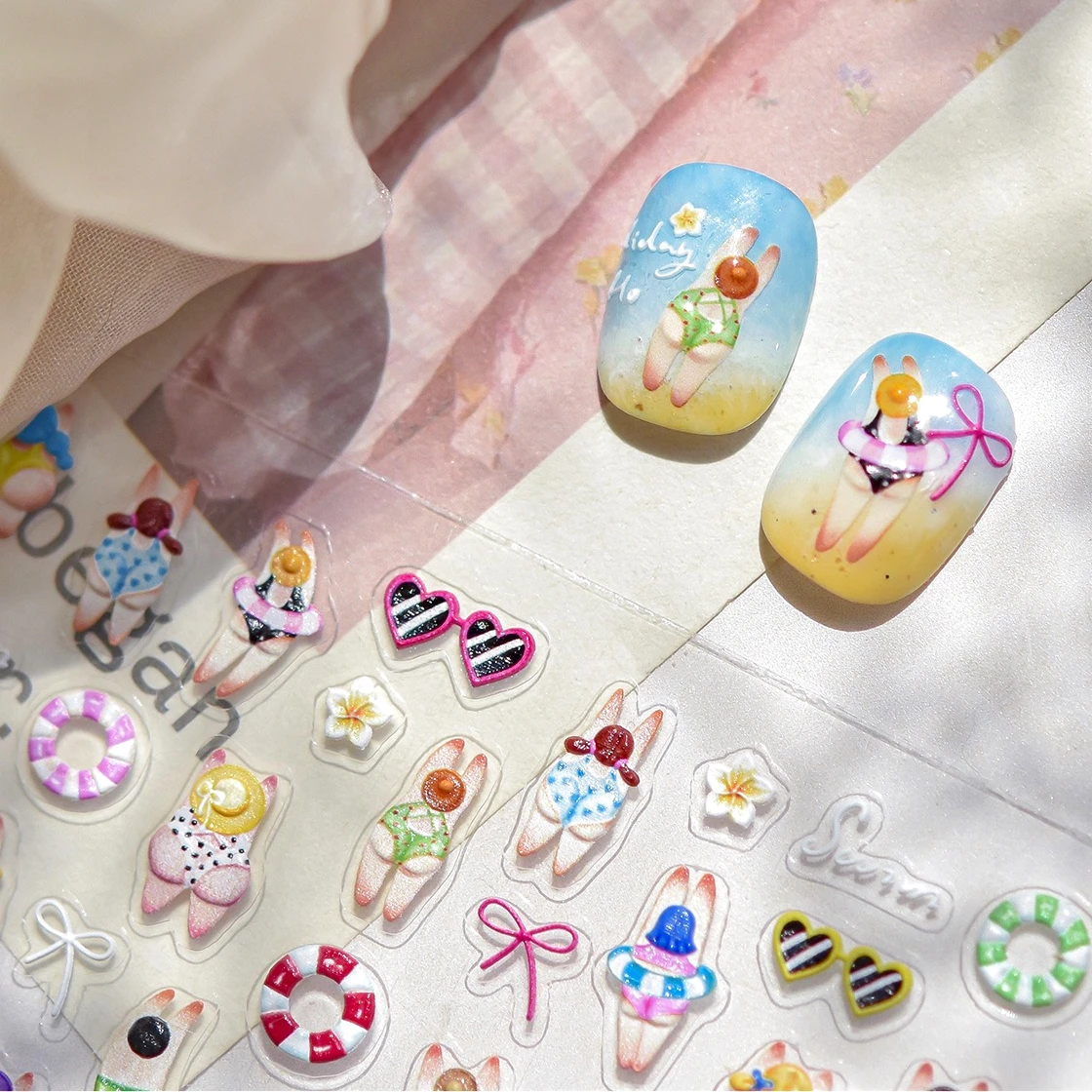 Occhiali da sole bikini Glutei pieni Frangipani Fiore Anello da nuoto Ragazzi e ragazze Bowknot Adesivo autoadesivo per nail art Decalcomania per manicure