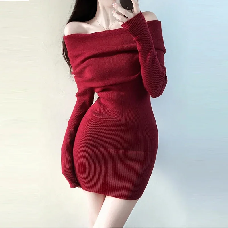 

Pop Red Sexy Off Shoulder Sweater Dress For Women Autumn Winter Slim Waist Long Sleeve Knitted Dresses Female