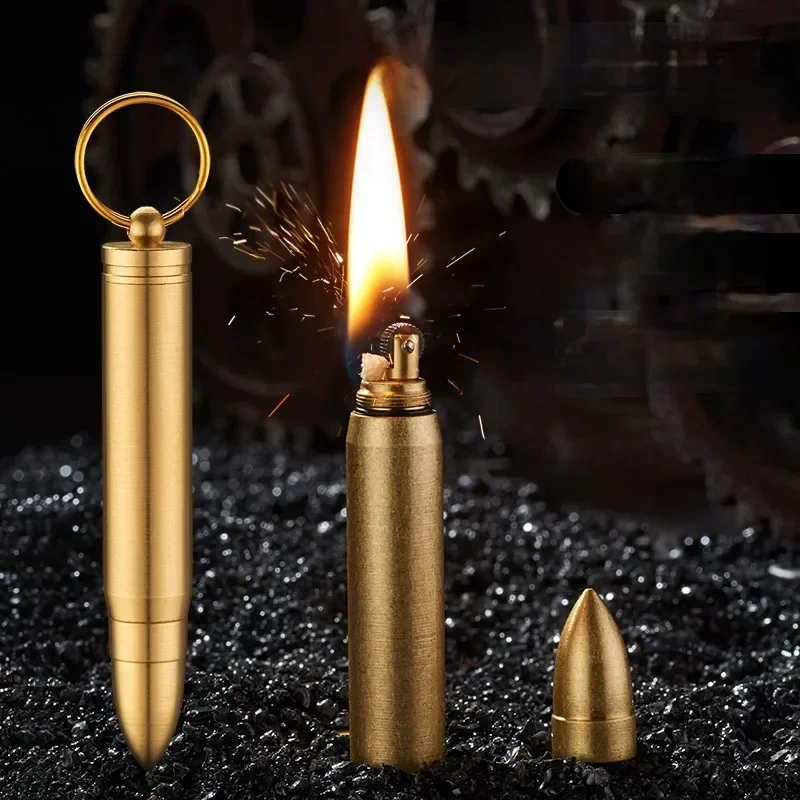 Metal Retro Copper Bullet Pure Copper Grinding Wheel Handmade Kerosene Lighter Creative Small Portable Pendant Lighter