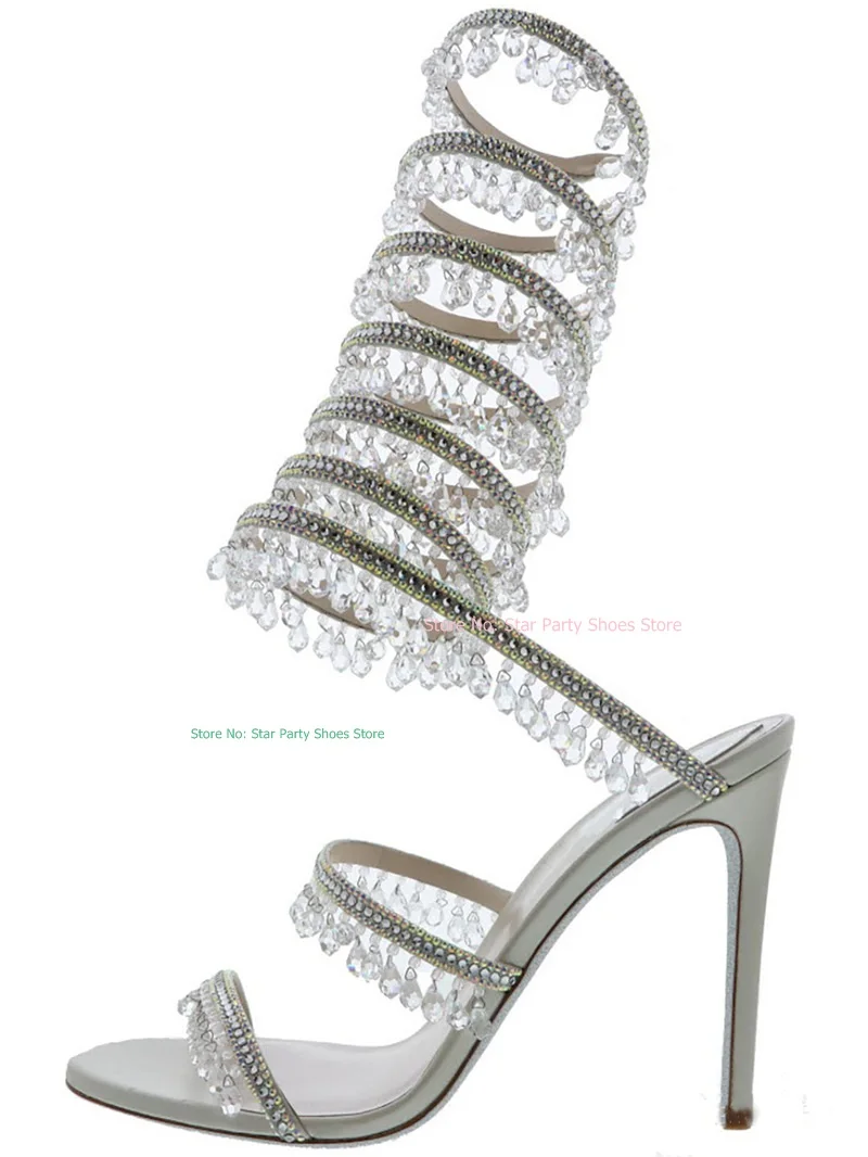 Graceful Stilettos High Heel Bling Diamond Embellished Spiral Ankle Sandals Female Crystal Wedding Sandal Shoes