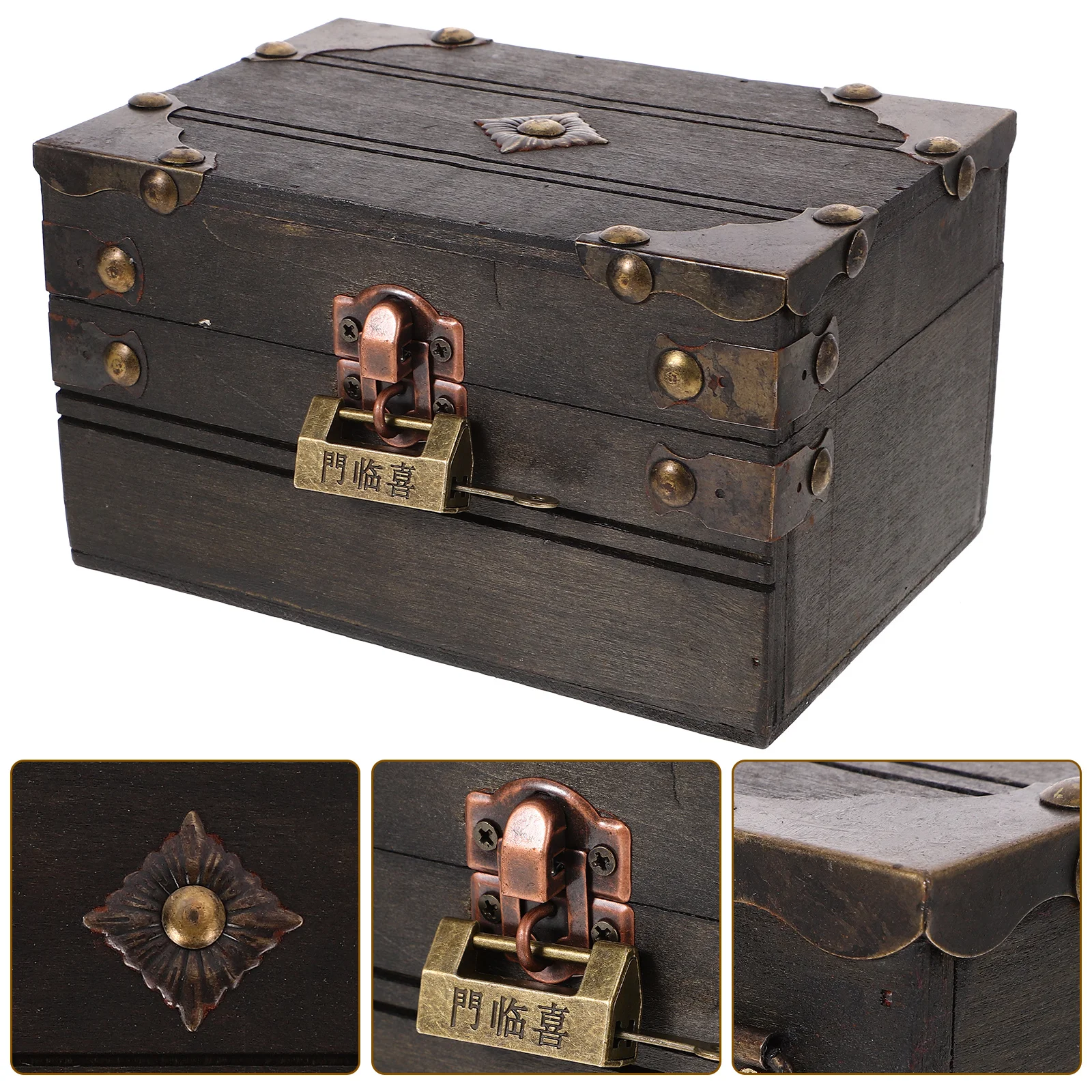 Wooden Treasure Chest Lock Vintage Jewelry Storage Box Pirate Theme Party Kids Trinket Case Retro Money Bank Organizer