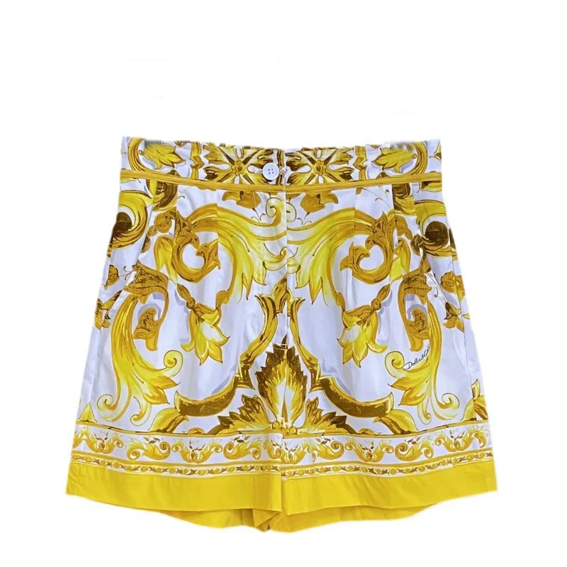 Women\'s Yellow Porcelain Printing Shorts, Girl\'s Mini Pants, 100% Cotton, Street Fashion, Summer