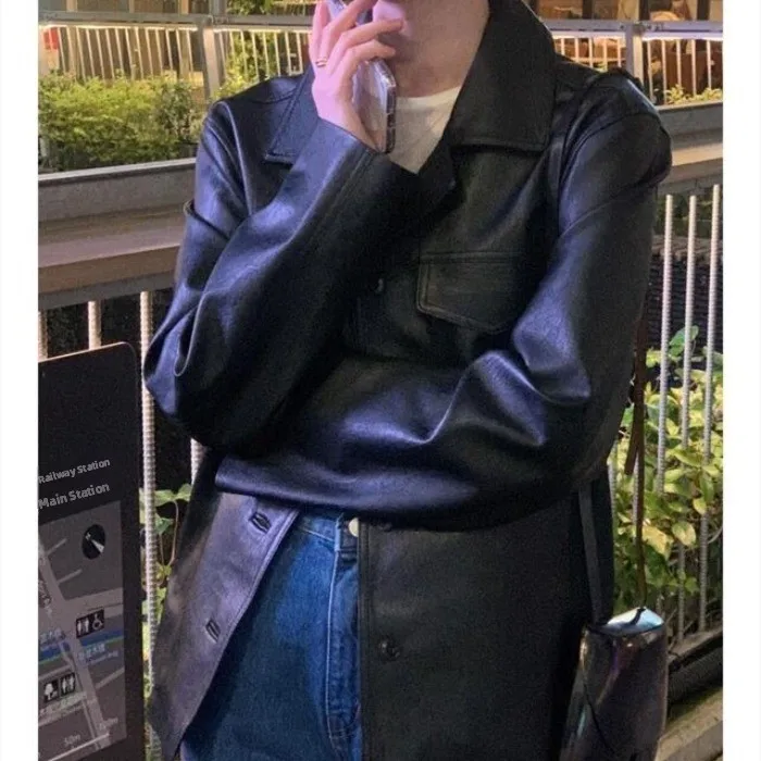 Korean Style Casual Loose Women's Leather Jacket Vintage Turn-down Collar PU Coat with Pockets Single Button Fastening