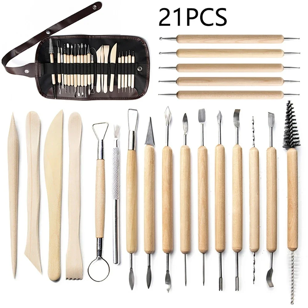 21Pcs Wooden Handle Clay Pottery Sculpting Tools Polymer Clay Sculpting Tools Set DIY Ceramic Tools for Potters Sculpture Kit