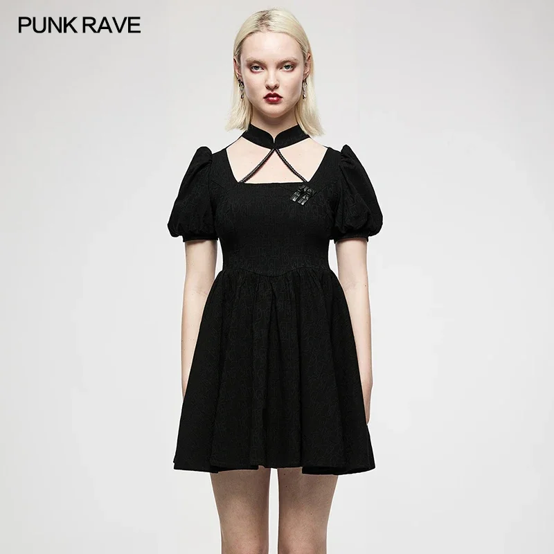 

PUNK RAVE Women's Chinese Style Puff Sleeve Dark Pattern Jacquard Dress Playful Age-reducing Club Youth Girl Mini Dresses Black